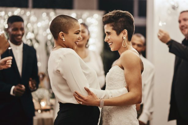 Shot of a newlywed couple dancing while being surrounded by their guests